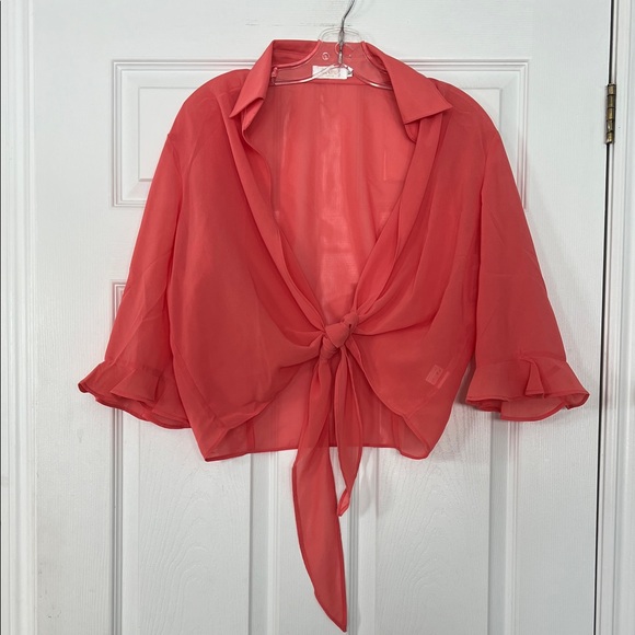 Red Coral Tops - Chic Coral Tie-Front Blouse